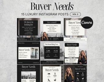 May include: A collage of nine Instagram posts advertising real estate services. Each post features a black background with white text and a photo of a woman. The text includes details about the properties, such as location, price range, and number of bedrooms. The posts are designed to attract potential buyers and showcase the services offered by the real estate agent.