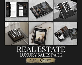 May include: A black and white image showcasing a real estate luxury sales pack. The pack includes a variety of marketing materials, such as brochures, guides, and a seller roadmap. The text "REAL ESTATE LUXURY SALES PACK" and "Edit in Canva" is visible in the image.