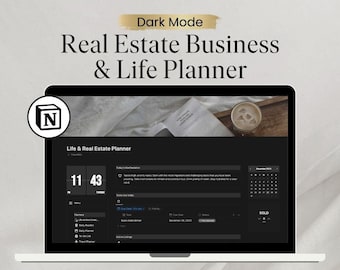 May include: A dark mode laptop screen displaying a Notion planner for real estate business and life planning. The planner includes a calendar, to-do list, and active listings. The screen also shows a clock with the time 11:43 and the text "SOLD" with a number 0. The laptop is on a white surface with a book and a cup of coffee.