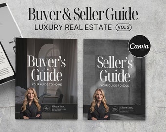 May include: A black and white image of two guides for buyers and sellers of luxury real estate. The guides are titled "Buyer's Guide" and "Seller's Guide" with the text "Your Guide to Home" and "Your Guide to Sold" respectively. The guides feature a woman in a black coat and a white background.