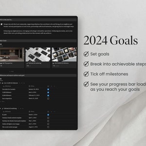 Peut inclure: Une image en noir et blanc avec une liste de contr&ocirc;le des objectifs pour l'ann&eacute;e 2024. Les objectifs sont : Fixer des objectifs, D&eacute;composer en &eacute;tapes r&eacute;alisables, Cochez les jalons et Voir votre barre de progression se charger au fur et &agrave; mesure que vous atteignez vos objectifs.