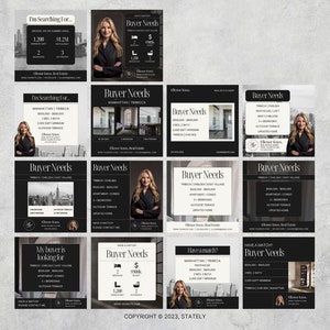 Puede incluir: Un collage de nueve publicaciones de Instagram en blanco y negro que anuncian servicios inmobiliarios. Cada publicaci&oacute;n presenta una foto de un horizonte urbano o una mujer con un abrigo negro, junto con texto que describe las necesidades del comprador y la informaci&oacute;n de contacto del agente inmobiliario.