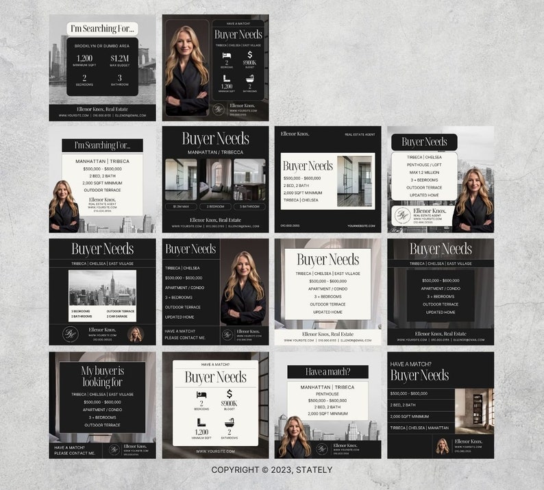 Puede incluir: Un collage de nueve publicaciones de Instagram en blanco y negro que anuncian servicios inmobiliarios. Cada publicaci&oacute;n presenta una foto de un horizonte urbano o una mujer con un abrigo negro, junto con texto que describe las necesidades del comprador y la informaci&oacute;n de contacto del agente inmobiliario.