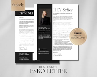 May include: Black and white real estate flyer with the text "HEY Seller" and "REAL ESTATE FSBO LETTER". The flyer features a photo of a woman and text about selling a home without an agent.