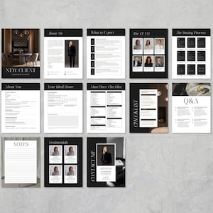 May include: A black and white welcome packet for new clients. The packet includes sections for about you, your ideal home, must have checklist, testimonials, notes, contact me, the team, the buying process, and Q&A.