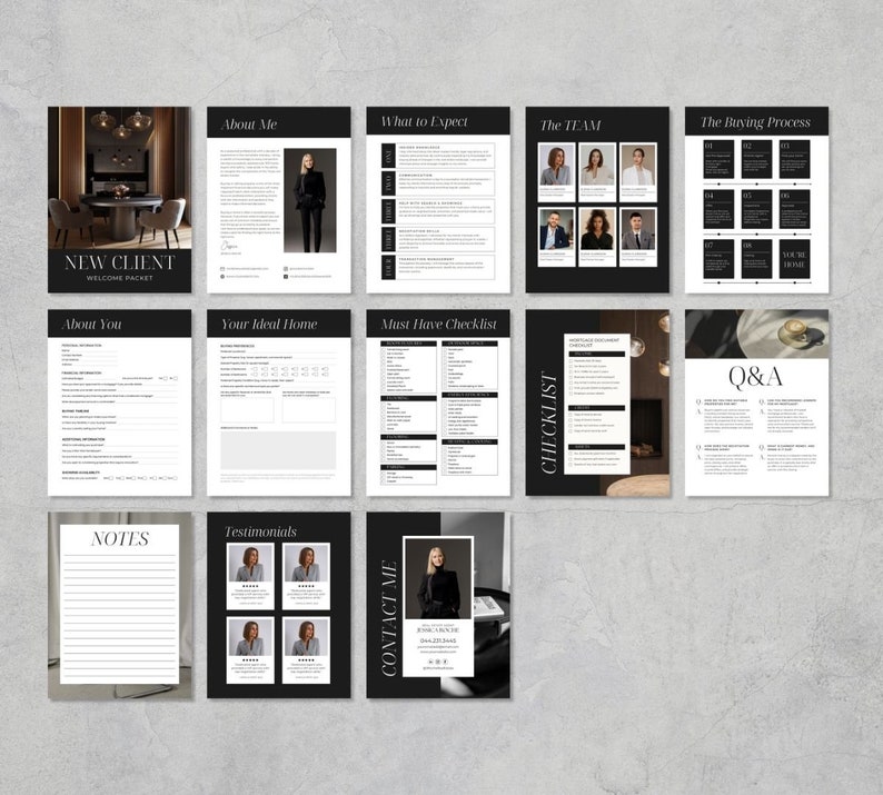 May include: A black and white welcome packet for new clients. The packet includes sections for about you, your ideal home, must have checklist, testimonials, notes, contact me, the team, the buying process, and Q&A.