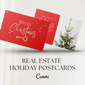Briefkaart van de Groet van de Vakantie van onroerend goed | Rode makelaar kerstkaart | Wintervastgoedmarketing | Canva-sjablonen | Rode makelaar Flyer