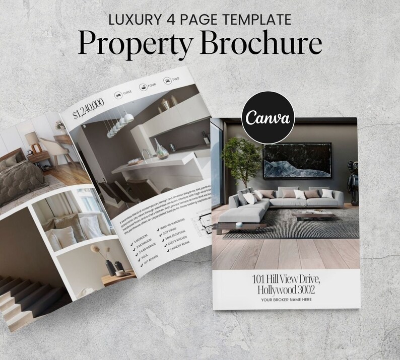 Luxury real estate brochure for open house flyer. Realtor marketing canva template for real estate agents. Luxury brochure template.