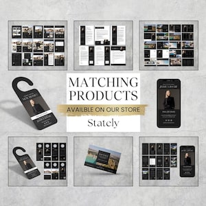 Puede incluir: Un conjunto de materiales de marketing inmobiliario a juego en negro y dorado. El conjunto incluye un colgador de puerta, tarjetas de visita, publicaciones en redes sociales, un folleto y una maqueta de tel&eacute;fono m&oacute;vil. El texto en el colgador de puerta dice "&iquest;Nuevo hogar?" y el texto en el folleto dice "En venta".