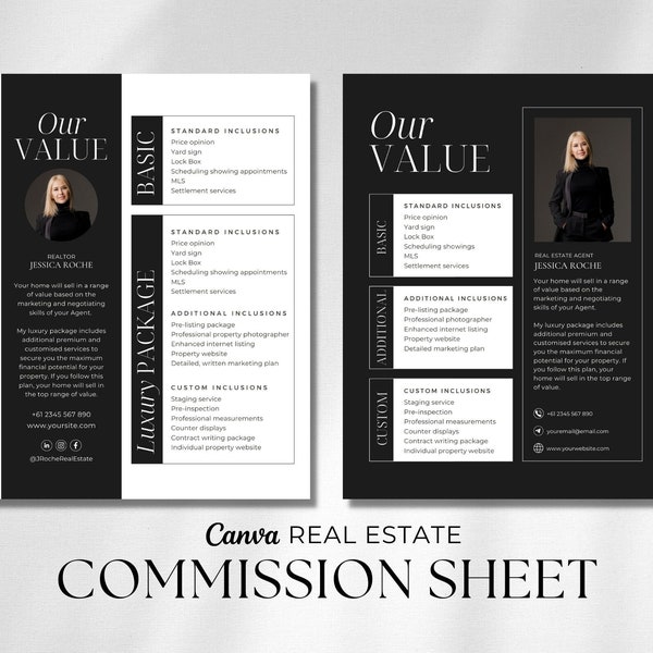 Real Estate Commission Sheet | Value Proposition | Real Estate Marketing | Luxury Realtor Listing Commission | Editable Canva Template