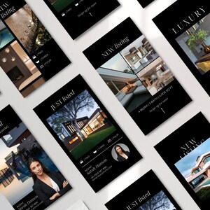 May include: A set of black and white real estate marketing cards with photos of modern homes and text that says "Just Listed", "New Listing", "Just Sold", and "Luxury".