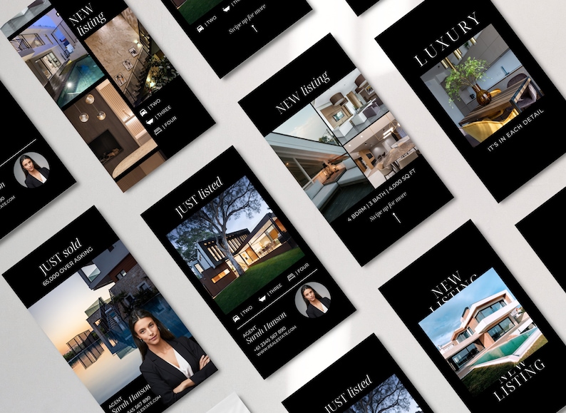 May include: A set of black and white real estate marketing cards with photos of modern homes and text that says "Just Listed", "New Listing", "Just Sold", and "Luxury".