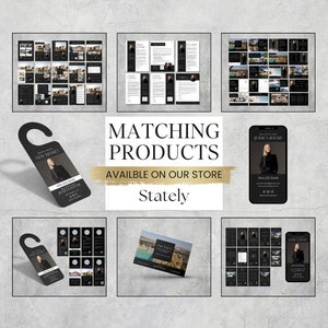 May include: A set of matching real estate marketing materials in black and gold. The set includes a door hanger, business cards, postcards, social media graphics, and a mobile phone template. The text on the door hanger reads "New Home?" and the text on the postcard reads "For Sale".