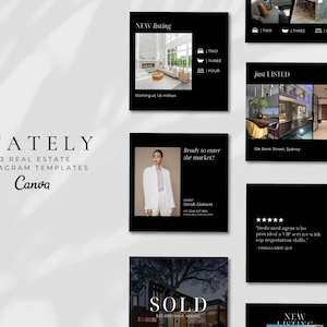 Puede incluir: Un conjunto de 23 plantillas de Instagram en blanco y negro para agentes inmobiliarios. Las plantillas presentan imágenes de casas, superposiciones de texto y un diseño minimalista. Las plantillas están diseñadas para ser utilizadas en la plataforma Canva.