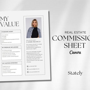 May include: A real estate commission sheet featuring a photo of a woman, titled "My Value". The sheet outlines standard agent services, premium inclusions, and custom offerings. The text includes the name "Cassie Franco" and contact details.