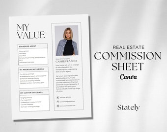 May include: A real estate commission sheet with a photo of a woman, titled "My Value". The sheet lists standard agent services, premium inclusions, and custom offerings. The text includes the name "Cassie Franco" and contact information.