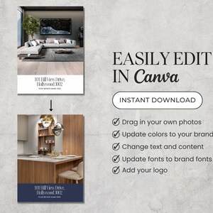 K&ouml;nnte beinhalten: Eine digitale Vorlage f&uuml;r eine Immobilienanzeige. Die Vorlage zeigt zwei Bilder des Innenraums eines Hauses, eines vom Wohnzimmer und eines von der K&uuml;che. Die Vorlage ist anpassbar und kann in Canva bearbeitet werden. Der Text auf der Vorlage lautet "101 Hill View Drive, Hollywood 3002, YOUR BROKER NAME HERE".