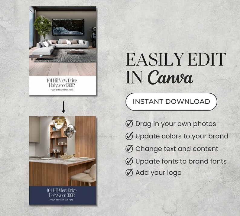 K&ouml;nnte beinhalten: Eine digitale Vorlage f&uuml;r eine Immobilienanzeige. Die Vorlage zeigt zwei Bilder des Innenraums eines Hauses, eines vom Wohnzimmer und eines von der K&uuml;che. Die Vorlage ist anpassbar und kann in Canva bearbeitet werden. Der Text auf der Vorlage lautet "101 Hill View Drive, Hollywood 3002, YOUR BROKER NAME HERE".