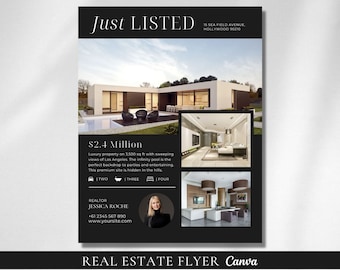 May include: A black and white real estate flyer with a photo of a modern house with a pool and interior photos. The flyer says "Just Listed" and includes the address "15 Sea Field Avenue, Hollywood 90210". The price is listed as $2.4 Million. The flyer also includes the realtor's name and contact information.