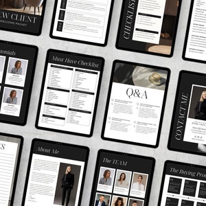 May include: A welcome packet for new clients of a real estate agency. The packet includes information about the agency, testimonials from past clients, a checklist of things to consider when buying a home, and a Q&A section. The packet also includes contact information for the agency.