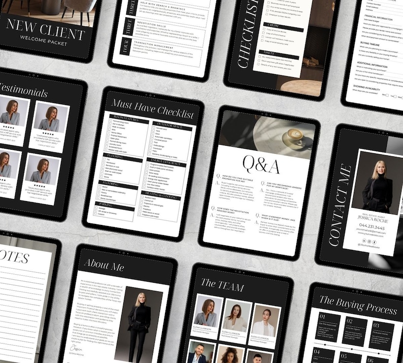 May include: A welcome packet for new clients of a real estate agency. The packet includes information about the agency, testimonials from past clients, a checklist of things to consider when buying a home, and a Q&A section. The packet also includes contact information for the agency.