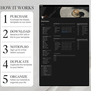 Peut inclure: Un graphique noir et blanc montrant les &eacute;tapes pour utiliser un mod&egrave;le Notion. Les &eacute;tapes sont num&eacute;rot&eacute;es de 1 &agrave; 5 et comprennent l'achat, le t&eacute;l&eacute;chargement, l'inscription, la duplication et l'organisation. Le graphique comprend &eacute;galement une capture d'&eacute;cran d'un mod&egrave;le de routine quotidienne Notion.