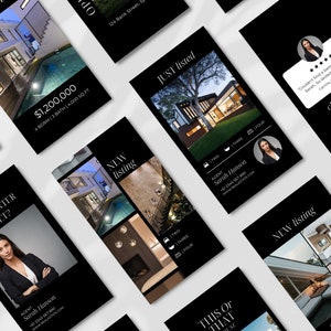 May include: A black and white real estate marketing flyer with a collage of photos of a modern home with a pool. The text on the flyer reads "NEW listing" and "4 BDRM | 3 BATH | 4,000 SQ FT".