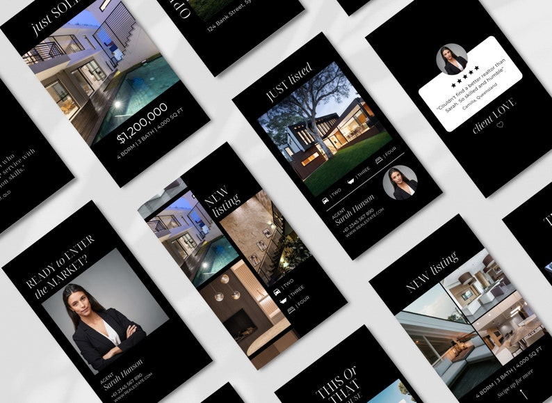 May include: A black and white real estate marketing flyer with a collage of photos of a modern home with a pool. The text on the flyer reads "NEW listing" and "4 BDRM | 3 BATH | 4,000 SQ FT".