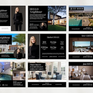 以下が含まれることがあります： 白黒の不動産マーケティングテンプレートのコレクションです。「Hello Neighbour」、「Just Sold」、「New Listing」などのフレーズが含まれています。各テンプレートには、家または不動産業者の写真が掲載されています。
