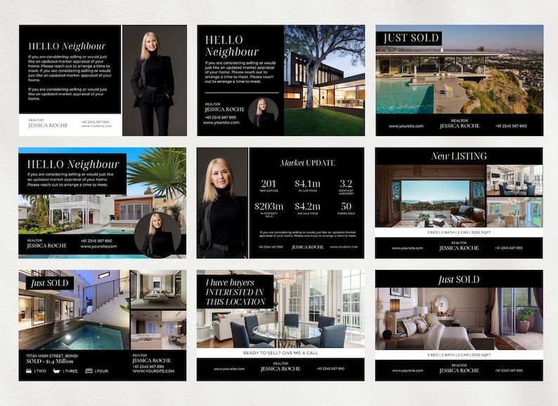 以下が含まれることがあります： 白黒の不動産マーケティングテンプレートのコレクションです。「Hello Neighbour」、「Just Sold」、「New Listing」などのフレーズが含まれています。各テンプレートには、家または不動産業者の写真が掲載されています。