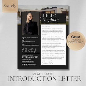 Lettera di presentazione immobiliare / Volantino per nuovi agenti / Marketing immobiliare di lusso / Realtor Farming / Lettera di benvenuto al vicino / Modello Canva