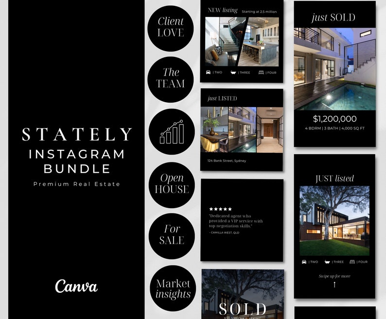 May include: A set of black and white Instagram post templates for real estate agents. The templates feature images of houses, text, and icons. The text includes phrases like "Client Love", "Just Listed", "Open House", and "For Sale".