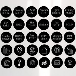May include: Black and white Instagram story highlight icons for real estate agents. Icons include: Buyer's Tips, Open House, Coming Soon, Client Love, Reviews, For Sale, Sold, The Team, City Views, Market Insights, Home Tours, Just Listed, Question Mark, Bar Graph, Location Pin, Pie Chart, House, Person with Checklist, Clock with Bar Graph, House with Pin, Dollar Sign with House, Person with House, Key, House with Checkmark, Brick Wall, Safe, House, Calendar with Checkmark.