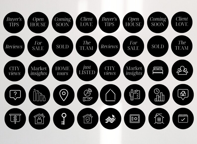 May include: Black and white Instagram story highlight icons for real estate agents. Icons include: Buyer's Tips, Open House, Coming Soon, Client Love, Reviews, For Sale, Sold, The Team, City Views, Market Insights, Home Tours, Just Listed, Question Mark, Bar Graph, Location Pin, Pie Chart, House, Person with Checklist, Clock with Bar Graph, House with Pin, Dollar Sign with House, Person with House, Key, House with Checkmark, Brick Wall, Safe, House, Calendar with Checkmark.