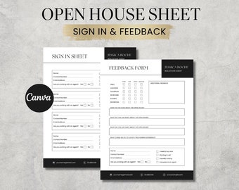 May include: Black and white open house sign-in sheet and feedback form. The sign-in sheet has fields for name, contact number, email address, and whether the person is working with an agent. The feedback form has fields for price, location, floorplan, bedrooms, bathroom, and additional feedback. The form also asks how the person heard about the open house, what they liked most and least about the open house, and what could be done to improve the experience.