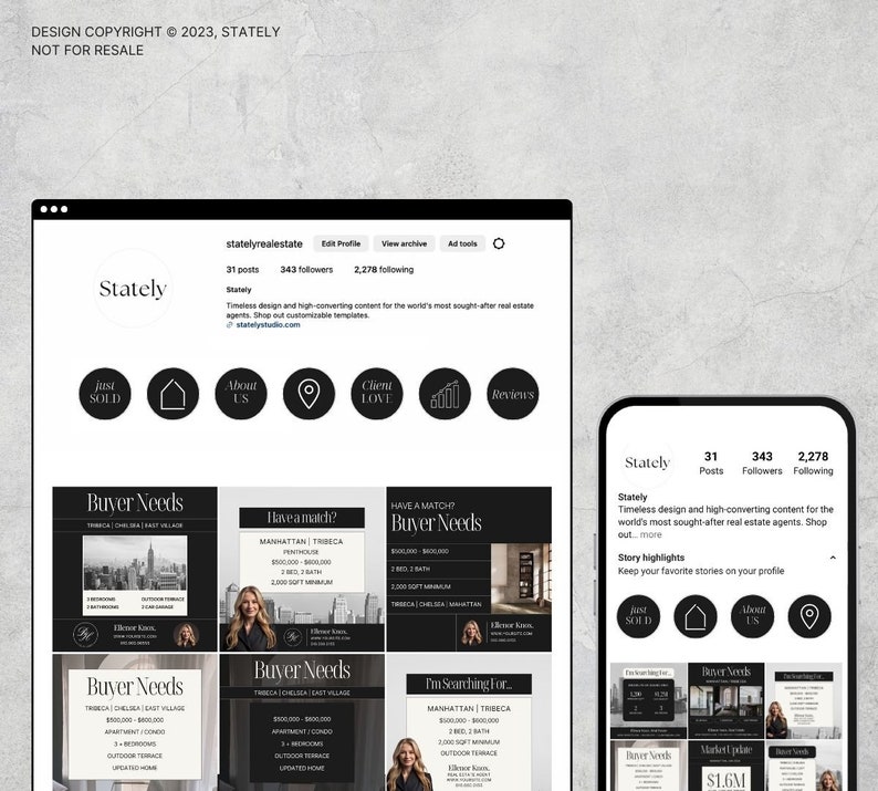 Puede incluir: Una plantilla de dise&ntilde;o de publicaci&oacute;n en redes sociales en blanco y negro para agentes inmobiliarios. La plantilla presenta una cuadr&iacute;cula de im&aacute;genes con superposiciones de texto que dicen "Necesidades del comprador" y "Estoy buscando".