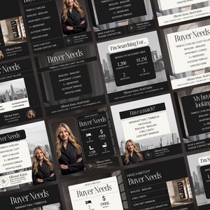 Puede incluir: Una serie de publicaciones en redes sociales en blanco y negro que anuncian servicios inmobiliarios en la ciudad de Nueva York. Las publicaciones presentan un retrato de mujer, un horizonte de la ciudad y texto que incluye los barrios de Tribeca, Chelsea, East Village, Manhattan y Brooklyn. El texto tambi&eacute;n incluye rangos de precios, n&uacute;mero de dormitorios y otros detalles sobre las propiedades.