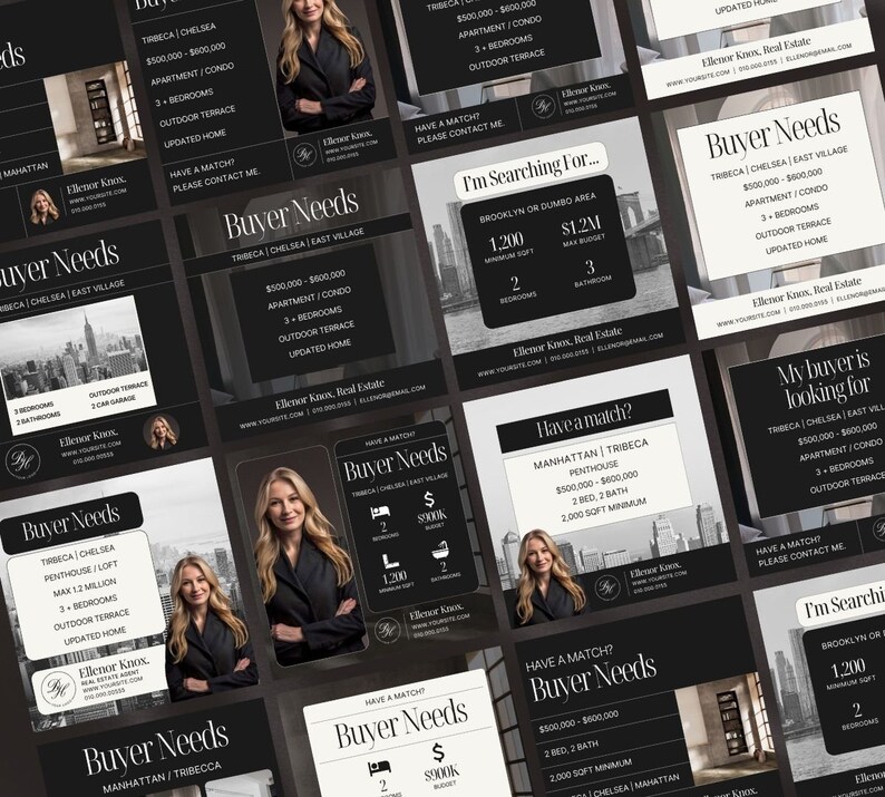 Puede incluir: Una serie de publicaciones en redes sociales en blanco y negro que anuncian servicios inmobiliarios en la ciudad de Nueva York. Las publicaciones presentan un retrato de mujer, un horizonte de la ciudad y texto que incluye los barrios de Tribeca, Chelsea, East Village, Manhattan y Brooklyn. El texto tambi&eacute;n incluye rangos de precios, n&uacute;mero de dormitorios y otros detalles sobre las propiedades.