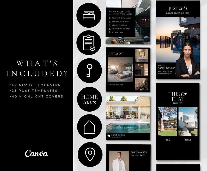 May include: A black and white graphic design template for social media marketing for real estate agents. The template includes icons for home, key, checklist, location, and a house. The text on the template says "What's Included?" and lists 30 story templates, 23 post templates, and 40 highlight covers. The template also includes the text "Home Tours" and "Canva".