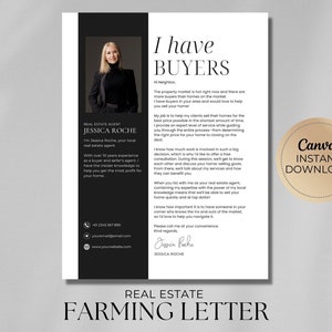 Folleto de agricultura inmobiliaria / Carta de "Tengo compradores" / Folleto de "Hola vecino" / Plantilla de Canva / Marketing inmobiliario de lujo / Plantilla de agente inmobiliario