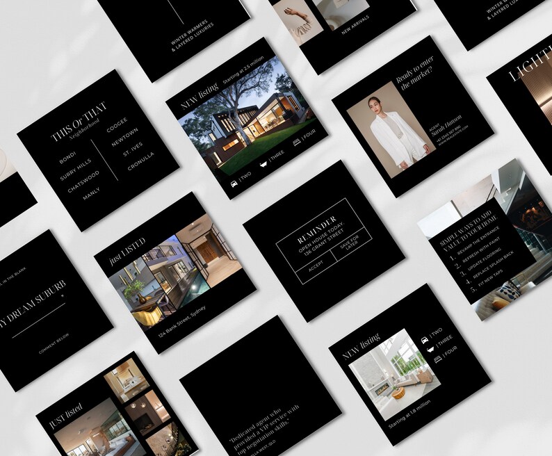 May include: A black and white image with a collage of photos of a modern home. The text "Just Listed" is in the top left corner of the image. The text "This or That" is in the top right corner of the image. The text "New Listing" is in the bottom right corner of the image. The text "Reminder" is in the center of the image. The text "Simple Ways to Add Value to Your Home" is in the bottom left corner of the image.