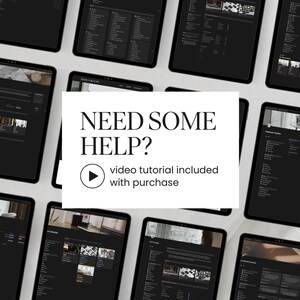Peut inclure: Une maquette de plusieurs &eacute;crans d'ordinateur affichant une interface &agrave; th&egrave;me sombre avec une liste d'&eacute;l&eacute;ments. Le texte "NEED SOME HELP?" est affich&eacute; dans une bo&icirc;te blanche avec une ic&ocirc;ne de bouton de lecture et le texte "video tutorial included with purchase".