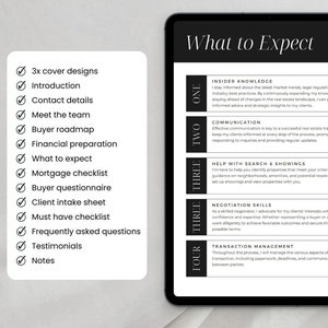 May include: A digital tablet displaying a checklist of services offered by a real estate agent. The checklist includes items such as "3x cover designs", "Introduction", "Contact details", "Meet the team", "Buyer roadmap", "Financial preparation", "What to expect", "Mortgage checklist", "Buyer questionnaire", "Client intake sheet", "Must have checklist", "Frequently asked questions", "Testimonials", and "Notes". The checklist is divided into four sections: "One", "Two", "Three", and "Four". Each section includes a brief description of the services offered.