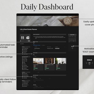 Peut inclure: Un tableau de bord &agrave; th&egrave;me sombre pour un planificateur immobilier. Le tableau de bord comprend un calendrier, une liste de t&acirc;ches, un compteur de motivation et une section pour les listes actives. Le tableau de bord comprend &eacute;galement un minuteur, une liste de t&acirc;ches quotidiennes et une liste de suivi quotidien.