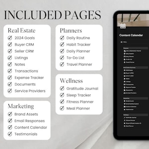 Peut inclure: Un planificateur num&eacute;rique avec une liste de contr&ocirc;le des pages pour l'immobilier, les planificateurs, le bien-&ecirc;tre et le marketing. La liste de contr&ocirc;le comprend des &eacute;l&eacute;ments tels que les objectifs 2024, le CRM acheteur, le CRM vendeur, les listes, les notes, les transactions, le suivi des d&eacute;penses, les documents, les fournisseurs de services, la routine quotidienne, le suivi des habitudes, le planificateur quotidien, la liste de t&acirc;ches, le planificateur de voyage, le journal de gratitude, le suivi du sommeil, le planificateur de remise en forme, le planificateur de repas, les actifs de marque, les r&eacute;ponses par e-mail, le calendrier de contenu et les t&eacute;moignages.