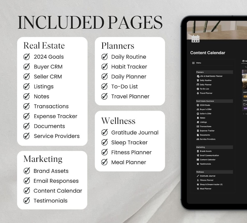 Peut inclure: Un planificateur num&eacute;rique avec une liste de contr&ocirc;le des pages pour l'immobilier, les planificateurs, le bien-&ecirc;tre et le marketing. La liste de contr&ocirc;le comprend des &eacute;l&eacute;ments tels que les objectifs 2024, le CRM acheteur, le CRM vendeur, les listes, les notes, les transactions, le suivi des d&eacute;penses, les documents, les fournisseurs de services, la routine quotidienne, le suivi des habitudes, le planificateur quotidien, la liste de t&acirc;ches, le planificateur de voyage, le journal de gratitude, le suivi du sommeil, le planificateur de remise en forme, le planificateur de repas, les actifs de marque, les r&eacute;ponses par e-mail, le calendrier de contenu et les t&eacute;moignages.