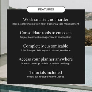 Peut inclure: Une image en noir et blanc avec du texte qui dit "FEATURES" en haut. Le texte ci-dessous dit "Travaillez plus intelligemment, pas plus dur. Battez la procrastination avec des suivis d'habitudes et une gestion des t&acirc;ches. Consolidez les outils pour r&eacute;duire les co&ucirc;ts. Gestion de projets et de contenu en un seul endroit. Enti&egrave;rement personnalisable. Adaptez-le &agrave; vos besoins. Modifiez les mises en page, le contenu, l'esth&eacute;tique. Acc&eacute;dez &agrave; votre planificateur n'importe o&ugrave;. Ouvrez-le sur votre ordinateur de bureau, votre mobile ou vos tablettes en d&eacute;placement. Tutoriels inclus. Suivez nos vid&eacute;os tutoriels YouTube."