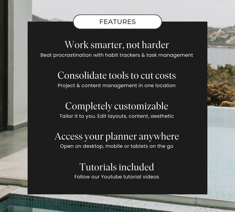 Peut inclure: Une image en noir et blanc avec du texte qui dit "FEATURES" en haut. Le texte ci-dessous dit "Travaillez plus intelligemment, pas plus dur. Battez la procrastination avec des suivis d'habitudes et une gestion des t&acirc;ches. Consolidez les outils pour r&eacute;duire les co&ucirc;ts. Gestion de projets et de contenu en un seul endroit. Enti&egrave;rement personnalisable. Adaptez-le &agrave; vos besoins. Modifiez les mises en page, le contenu, l'esth&eacute;tique. Acc&eacute;dez &agrave; votre planificateur n'importe o&ugrave;. Ouvrez-le sur votre ordinateur de bureau, votre mobile ou vos tablettes en d&eacute;placement. Tutoriels inclus. Suivez nos vid&eacute;os tutoriels YouTube."