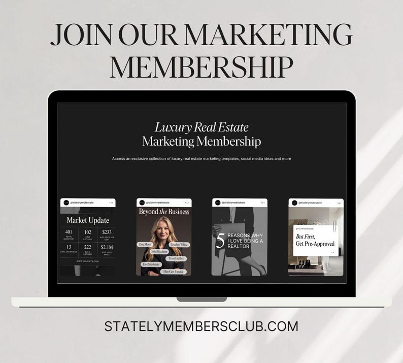K&ouml;nnte beinhalten: Ein Laptop-Bildschirm zeigt eine Website f&uuml;r eine Luxus-Immobilien-Marketing-Mitgliedschaft. Die Website hat einen schwarzen Hintergrund mit wei&szlig;em Text und Bildern von Social-Media-Posts. Der Text auf der Website lautet: "Treten Sie unserer Marketing-Mitgliedschaft bei", "Luxus-Immobilien-Marketing-Mitgliedschaft", "Zugang zu einer exklusiven Sammlung von Luxus-Immobilien-Marketing-Vorlagen, Social-Media-Ideen und mehr", "Jenseits des Gesch&auml;fts", "Markt-Update", "5 Gr&uuml;nde, warum ich es liebe, ein Makler zu sein", und "Aber zuerst, erhalten Sie eine Vorabgenehmigung". Die Website-Adresse lautet "STATELYMEMBERSCLUB.COM".