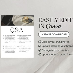 May include: A white and gray digital download guide with a Q&A section about real estate. The guide includes tips on finding suitable properties, recommending lenders, and negotiating the process. The text "EASILY EDIT IN Canva" is in a black font with a white background. The text "INSTANT DOWNLOAD" is in a white font with a black background. The guide is designed to be easily edited in Canva.
